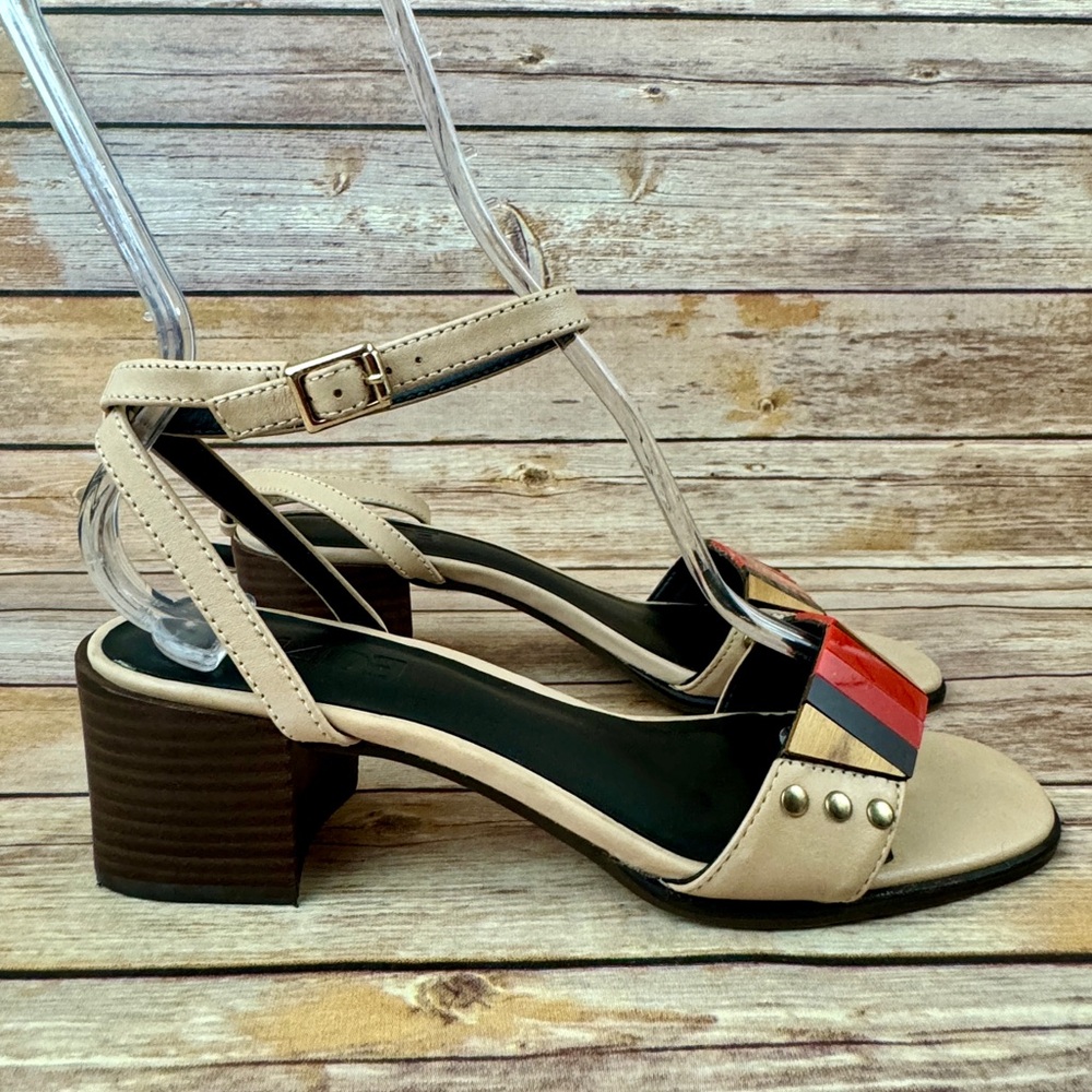 M4DE Tan Leather Ankle Strap StrappyJeweled & Studded Toe Sandals 7.5M